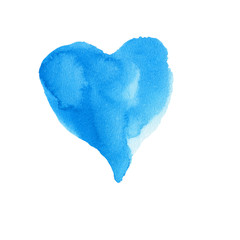 Watercolor heart shape of deep blue flowing color. Hand drawn brush illustration