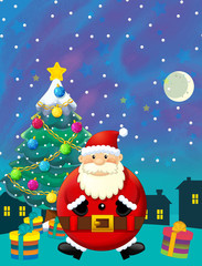 Christmas happy scene with santa claus and christmas tree - illustration for the children