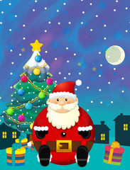 Christmas happy scene with santa claus and christmas tree - illustration for the children
