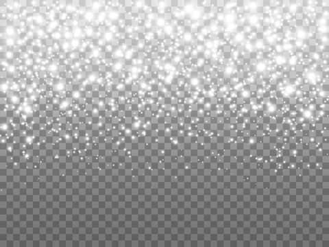 Silver glitter particles on transparent backdrop. Falling shining stars and stardust. White glowing confetti. Christmas light effect. Greeting card template. Vector illustration