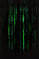 dark green binary code in matrix style with light green highlights on black background texture background. background for design, programming concept, hacking programs, piracy, technology, internet 