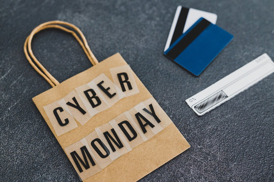 cyber monday shopping bag with payment cards and progress bar loading