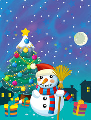 Christmas happy scene with snowman and christmas tree - illustration for the children