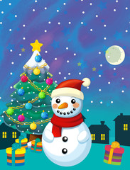 Christmas happy scene with snowman and christmas tree - illustration for the children