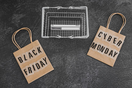 black friday and cyber monday shopping bags and basket with progress bar loading in it