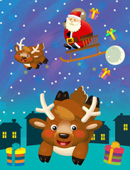 Naklejka premium Christmas happy scene with santa claus deer or reindeer and santa is flying - illustration for children