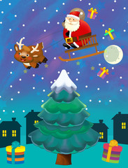 cartoon happy scene with christmas tree and flying santa claus - illustration for children