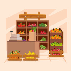 Fruits and vegetables shop design, Store market shopping commerce retail buy and paying theme Vector illustration