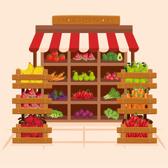 Fruits and vegetables shop design, Store market shopping commerce retail buy and paying theme Vector illustration