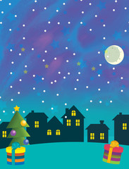 cartoon happy and funny scene with christmas tree in the night - illustration for children