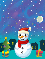 cartoon happy and funny scene with snowman and christmas tree - illustration for children