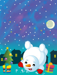 Naklejka premium cartoon happy and funny scene with snowman and christmas tree - illustration for children