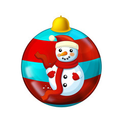 Cartoon scene with glossy shiny christmas baubles on white background with snowman - illustration for children