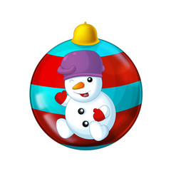 Cartoon scene with glossy shiny christmas baubles on white background with snowman - illustration for children