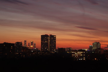 Moscow city skyline at sunset