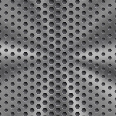Abstract shiny metal background in silver color with circular brushed texture and hexagonal holes