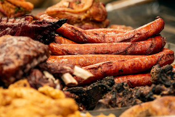 Grilled sausages for sale at the Christmas market