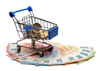 Banknotes 10,20,50,100 in the amount of 500 euros. Concept of a consumer basket with coins in...