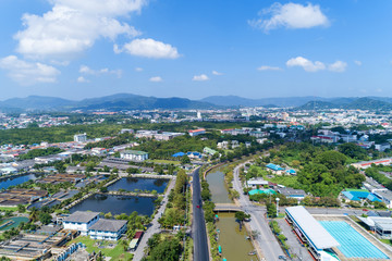 Aerial view drone shot High angle view of phuket city thailand in good weather day clear blue sky background