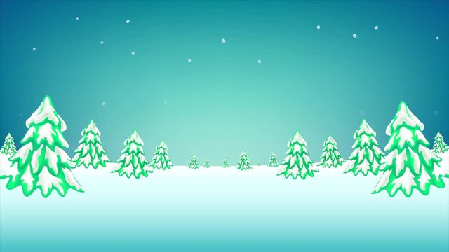 Winter  pine forest landscape falling snow. Merry Christmas motion graphic. Cartoon style with copy space background.