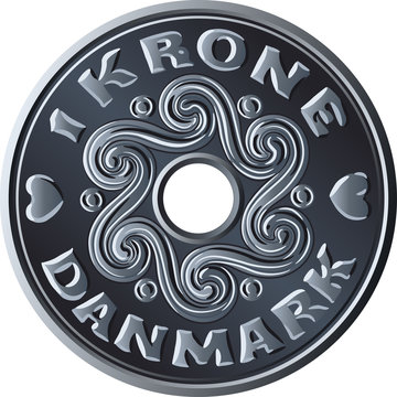 Danish money one krone coin with hole in the middle. Krone, official currency of Denmark, Greenland, and the Faroe Islands.