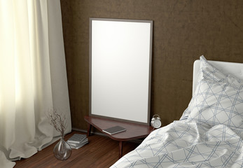 Vertical poster mock up on the night table in bedroom with brown wall. Clipping path around poster. 3d illustration