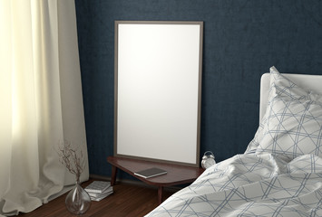Vertical poster mock up on the night table in bedroom with blue wall. Clipping path around poster. 3d illustration