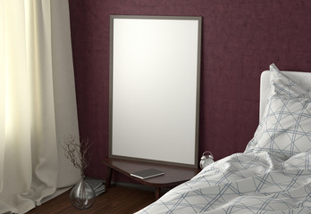 Vertical poster mock up on the night table in bedroom with magenta wall. Clipping path around poster. 3d illustration