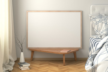 Horizontal poster mock up on the night table in bedroom with white wall. Clipping path around poster. 3d illustration