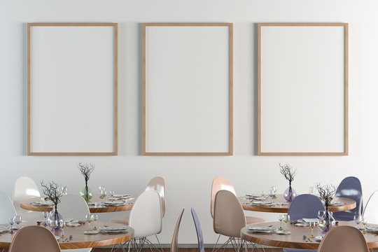 Cafe or restaurant intrerior with blank three vertical posters on the white wall. Front view. Clipping path around poster mock up. 3d illustration.