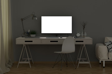 Bright computer monitor at night in the studio or at home workplace. Clipping path around display. 3d illustration