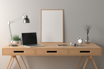 Workspace with vertical poster mock up on the desk. Desk with drawers in interior of the studio or at home with white wall. Clipping path around poster. 3d illustration.