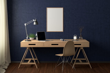 Workspace with vertical poster mock up on blue wall. Desk with drawers in interior of the studio or at home. Clipping path around poster. 3d illustration.