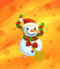 Fototapeta na wymiar cartoon scene with christmas snowman and stars on abstract orange background for different usage - illustration for children