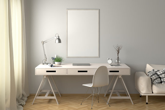 Workspace with vertical poster mock up on the white wall. Desk with drawers in interior of the studio or at home. Clipping path around poster. 3d illustration.