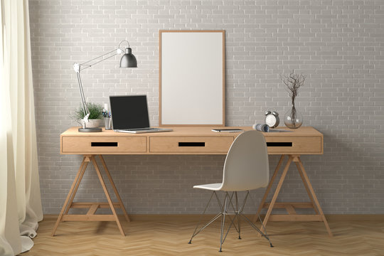 Workspace with vertical poster mock up on the desk. Desk with drawers in interior of the studio or at home with white brick wall. Clipping path around poster. 3d illustration.