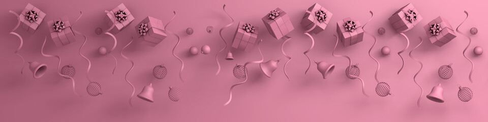 3d rendering of christmas gifts and presents. Gift boxes,christmas and new year ornaments on pink background.  Falling gift box,  valentine's day celebrate, Top view, greeting card. Copy scape.