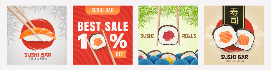 Social Media template on theme Sushi. Set of banners square shape on theme Sushi Bar. Design of advertising in social networks