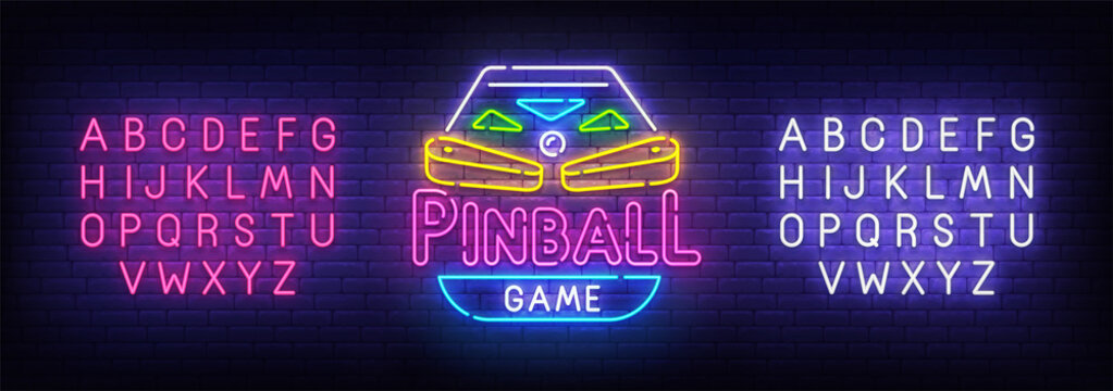 Pinball neon sign, bright signboard, light banner. Pinball logo, emblem. Neon sign creator. Neon text edit. Vector illustration
