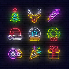 Christmas neon icons. Merry Christmas collection light signs. New Year and Xmas Neon isolated icons, emblem, design template. Sign boards, light banner. Vector Illustration