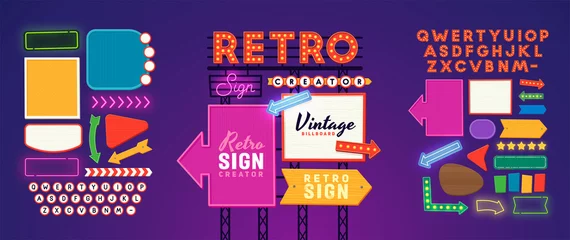 Foto op Plexiglas Retro compositie Retro signboard creator. Set elements for street sign. Scene creator, neon sign. Retro font. Advertising space. 