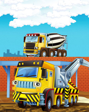 cartoon scene with some industry car and concrete mixer on construction site - illustration for children