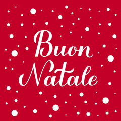 Feliz Natal calligraphy hand lettering on red background with snow confetti. Merry Christmas typography poster in Italian. Easy to edit vector template for greeting card, banner, flyer, invitation.