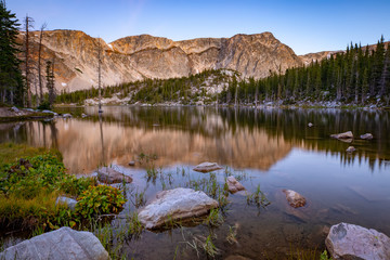 Morning sunrise at Mirror Lake in the Snowy Range Mountains in the Medicine Bow National Forest of Wyoming