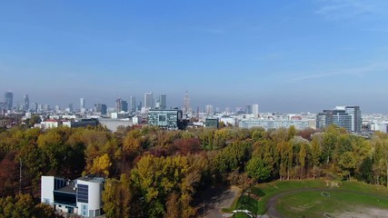 Warsaw's tourist hotspots such as Warsaw Old Town, Skyline and palace of science and culture, aerial from Stadion Politechniki Warszawskiej Syrenka