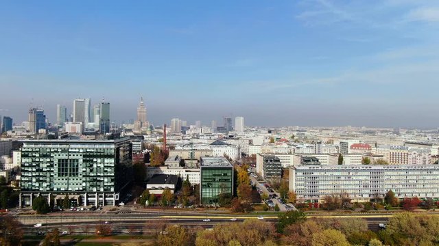 rapidly developing city Warsaw, aerial of Skyline with Palace of Science and Culture, Spire and Rondo