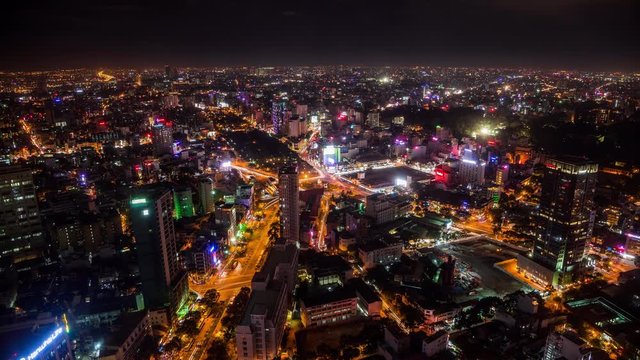 High angle view of Ho Chi Minh City downtown, Vietnam time lapse by night