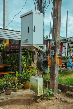 Wires on poles on the street in Asia, Thailand