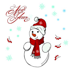 postcard Snowman and inscription New year, color vector isolated illustration on white background, snowflakes