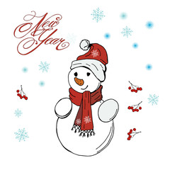 postcard Snowman and inscription New year, color  isolated illustration on white background, snowflakes